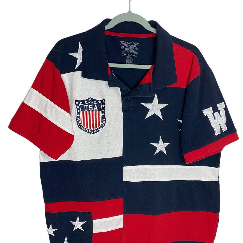 Winchester Rifle Co Polo Shirt Mens 2XL (runs small) American Flag Patriotic USA